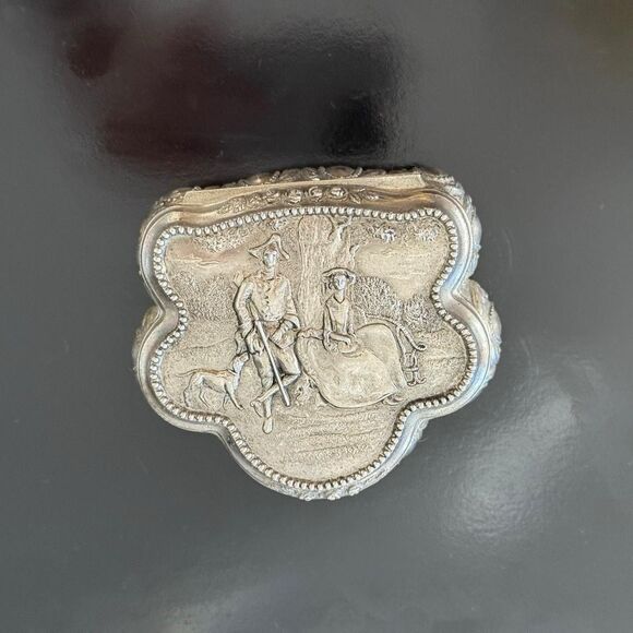 Vintage Ornate Silver Trinket Box Casket Red Velvet Lined 3 Foot Japan Victorian - Picture 2 of 4